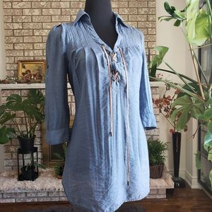 Western Look Long Tunic Top Jean Look With Sheen Loose Half Lace Fit Shirt S / M